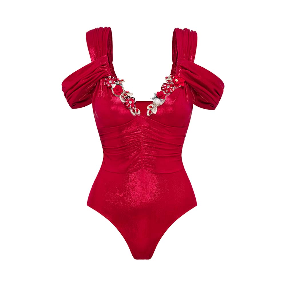Red Shiny Embroidery Decoration One Piece Swimsuit and Skirt