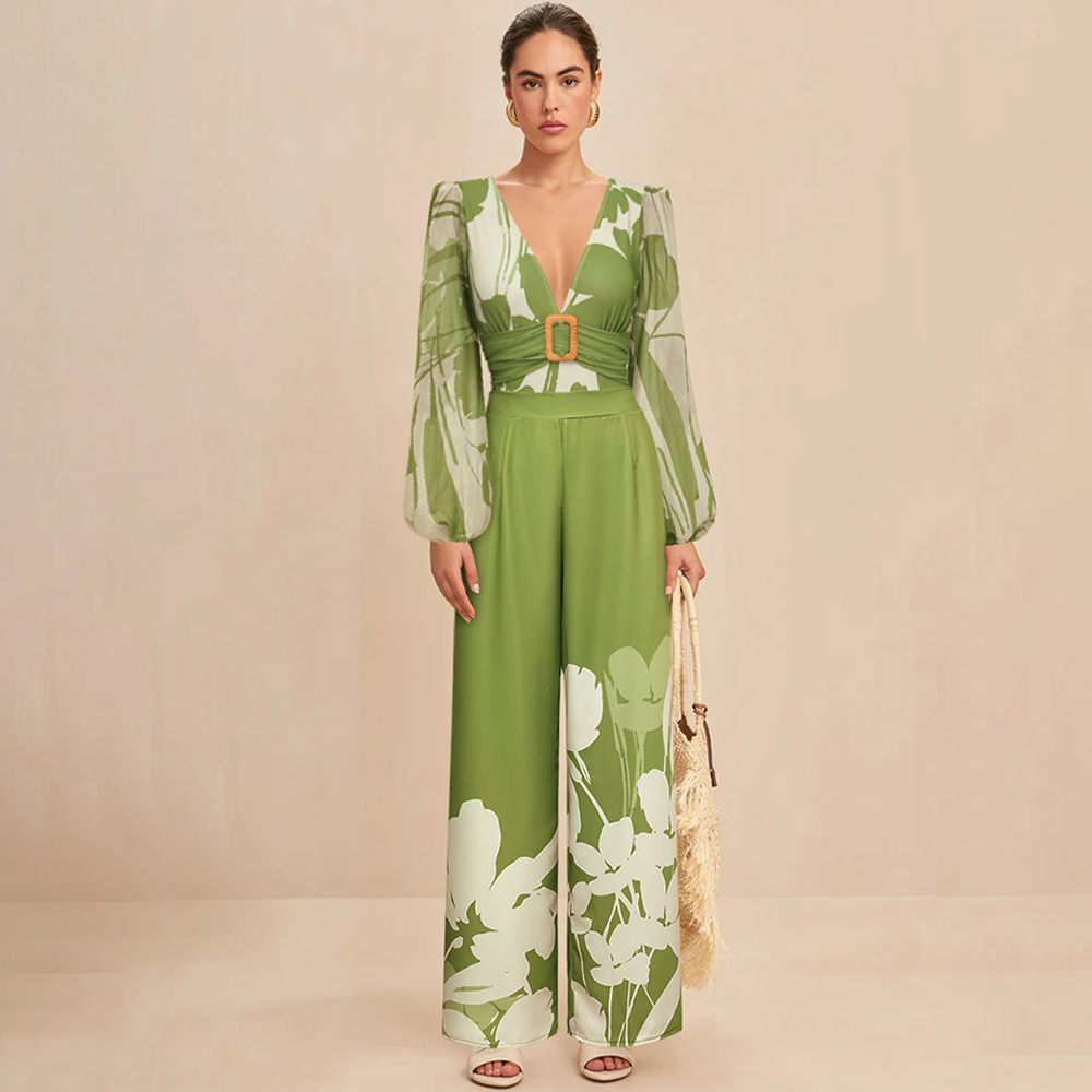 V Neck Long Sleeve Flower Print One Piece Swimsuit and Pants