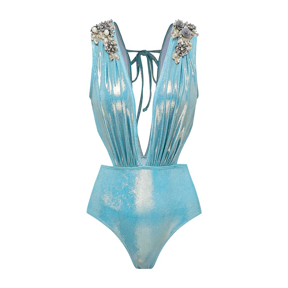 Blue Shiny Beaded Flowers Deep V-neck One Piece Swimsuit and Split Skirt