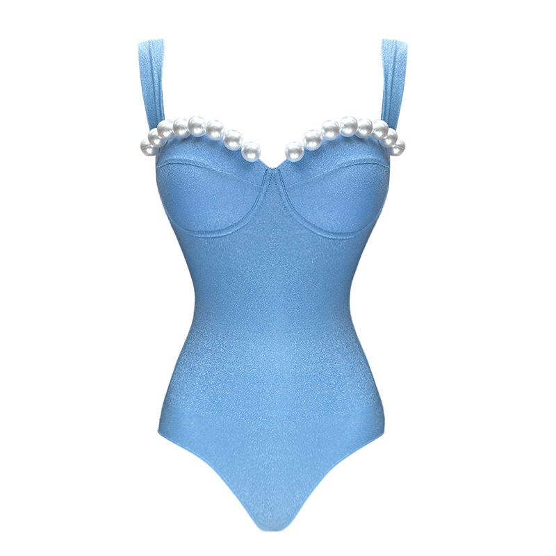Shiny Fabric Sling Pearl Decor Light Blue One Piece Swimsuit and Skirt