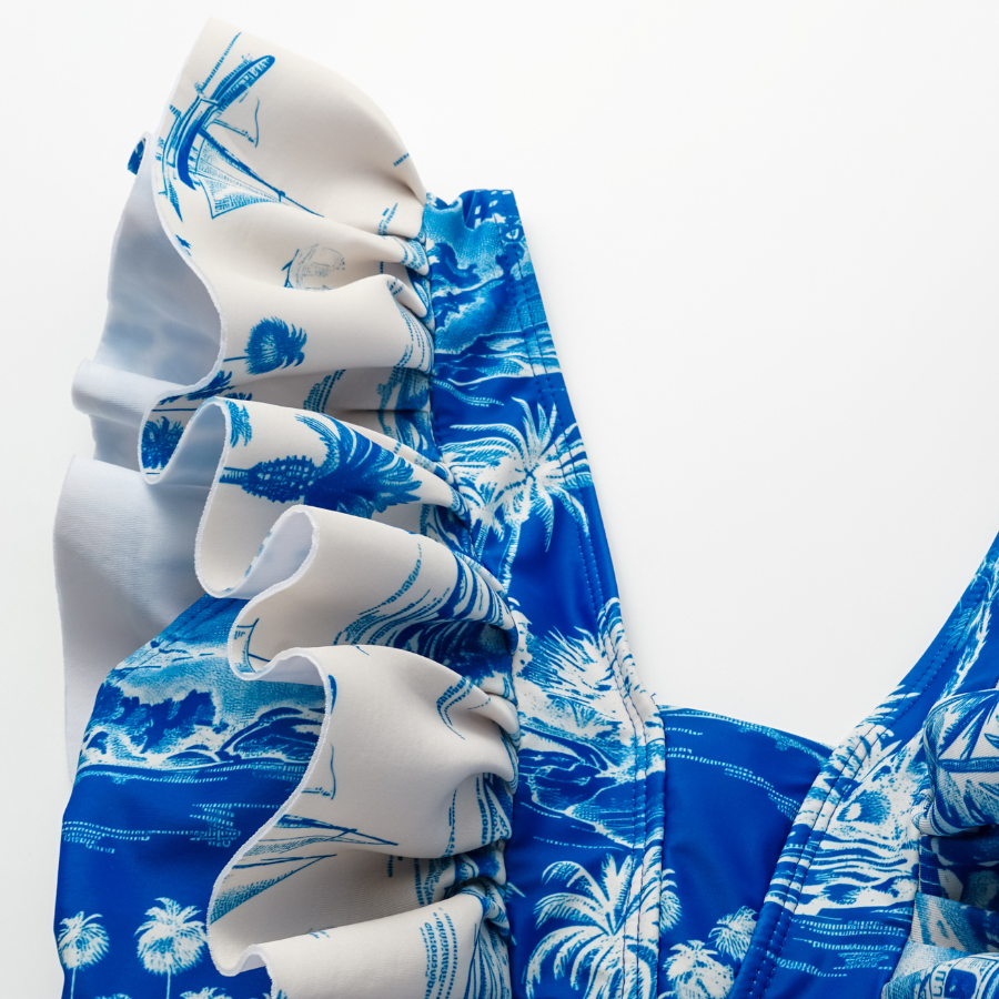 Ruffled Blue and White Bay Print One Piece Swimsuit and Skirt