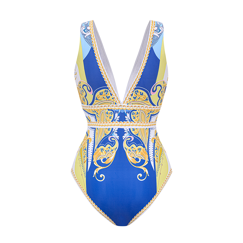 V Neck Pattern Print One Piece Swimsuit and Sarong or Pants