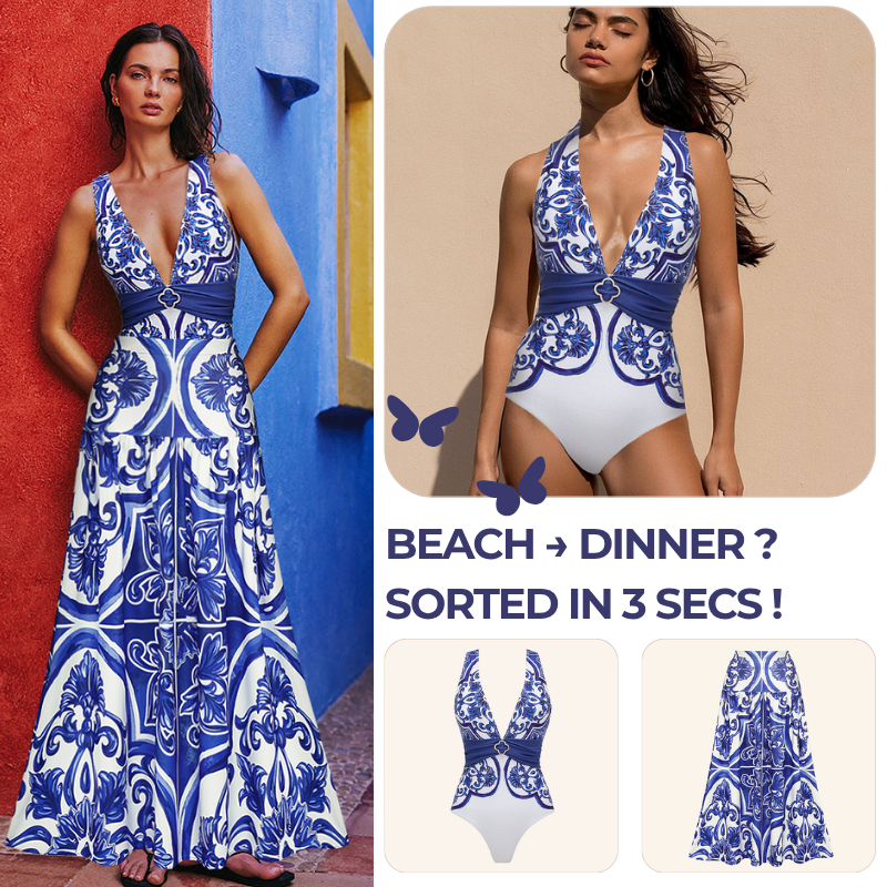 V Neck Classic Majolica Series Pattern Print One Piece Swimsuit and Pants or Shorts