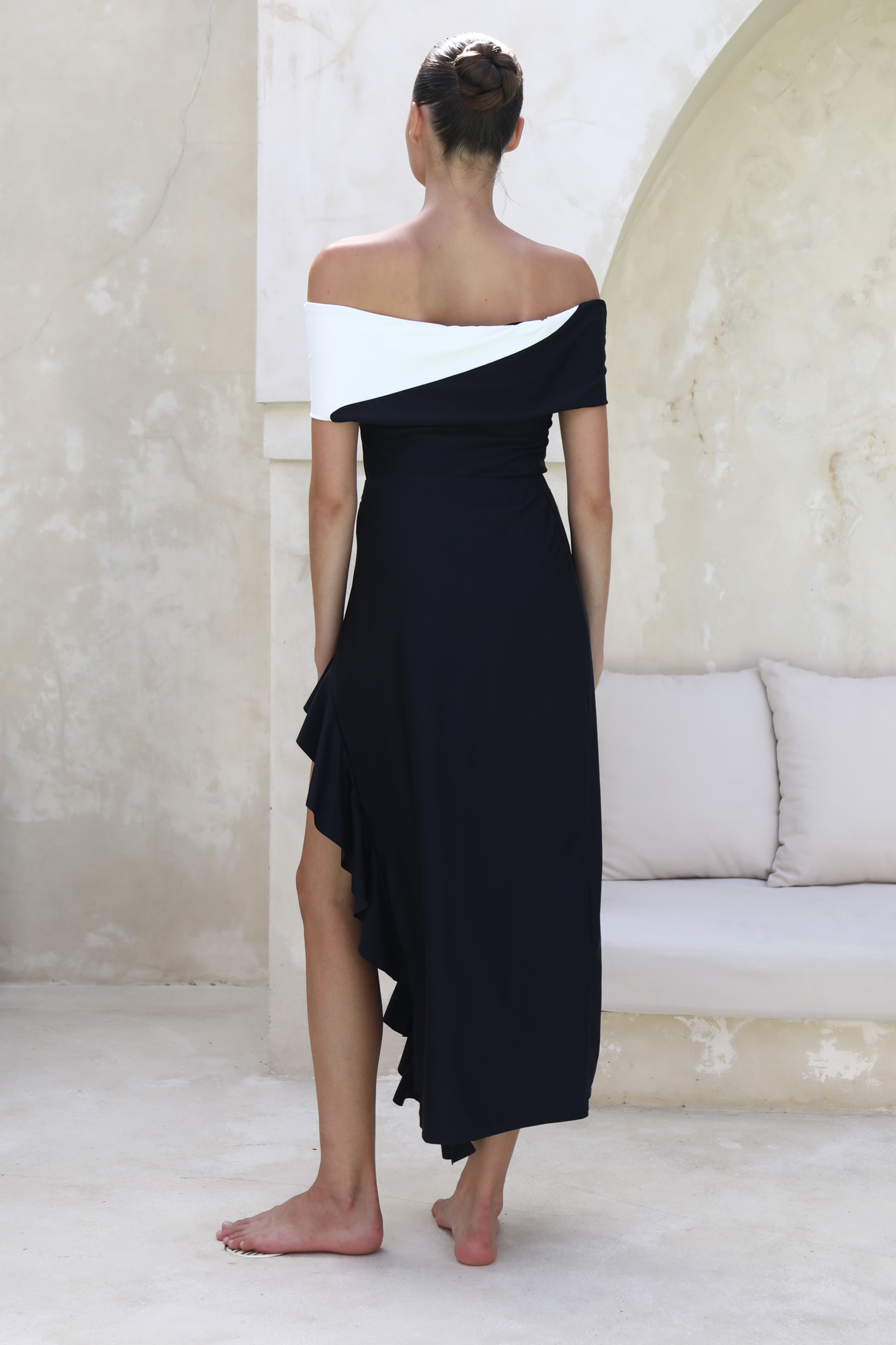 Off Shoulder Color Block One Piece Swimsuit and Skirt