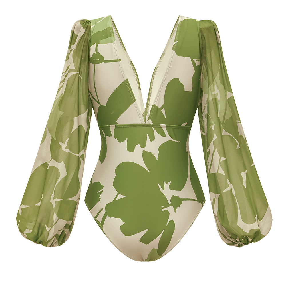 V Neck Long Sleeve Flower Print One Piece Swimsuit and Pants