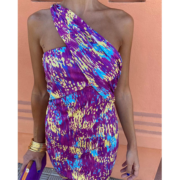 Oblique Shoulder Printed Dress