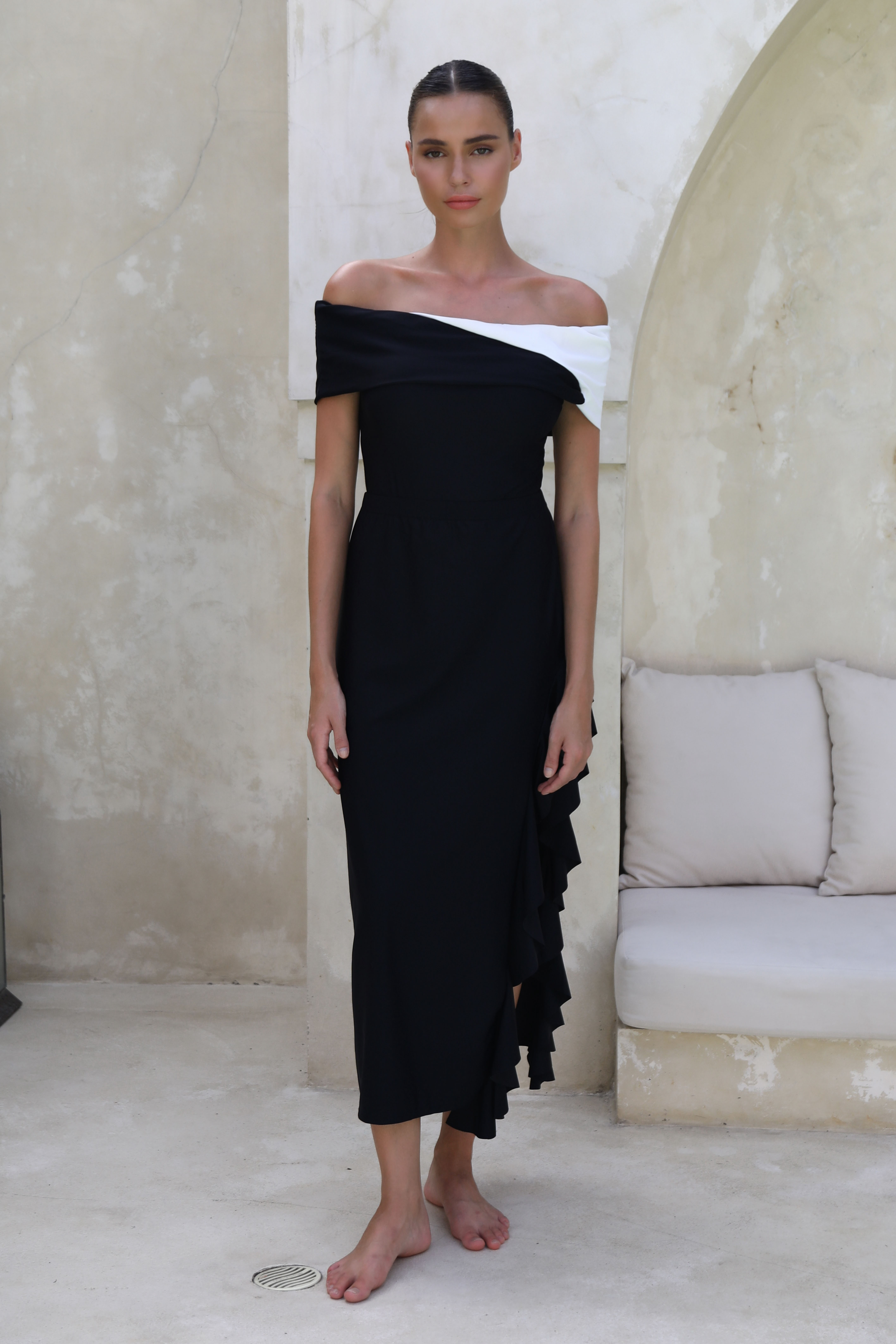 Off Shoulder Color Block One Piece Swimsuit and Skirt