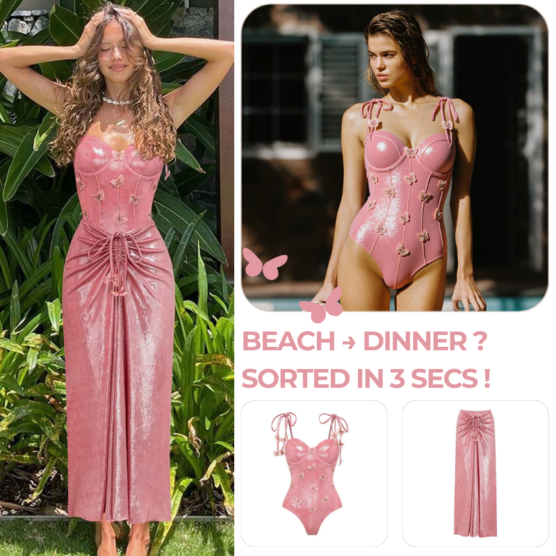 Pink Shiny Embroidered Butterfly One Piece Swimsuit and Split Skirt