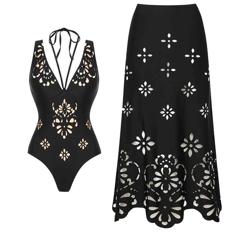 Black V Neck Laser Cutting Flower Hollow One Piece Swimsuit and Skirt