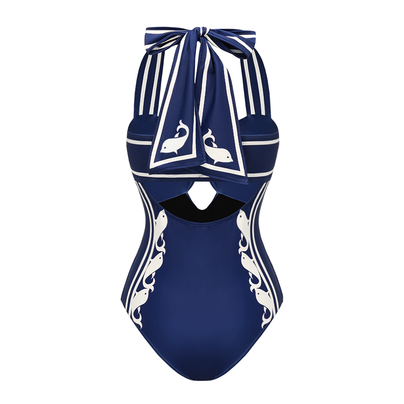 Plus Size Navy Style Printed Bow Tie Decor One Piece Swimsuit and Skirt