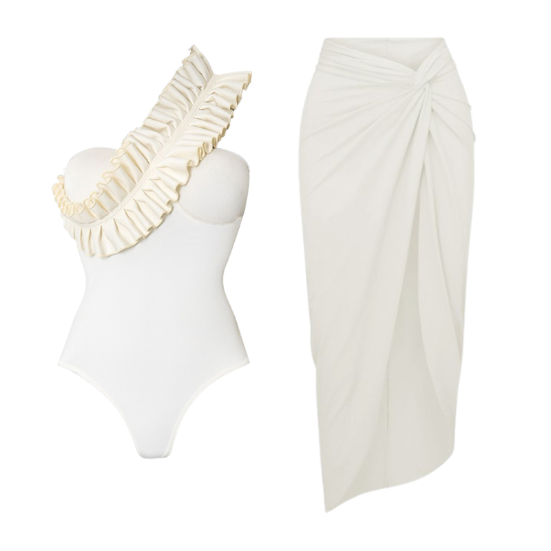 One Shoulder Ruffle White One Piece Swimsuit and Skirt Flaxmaker