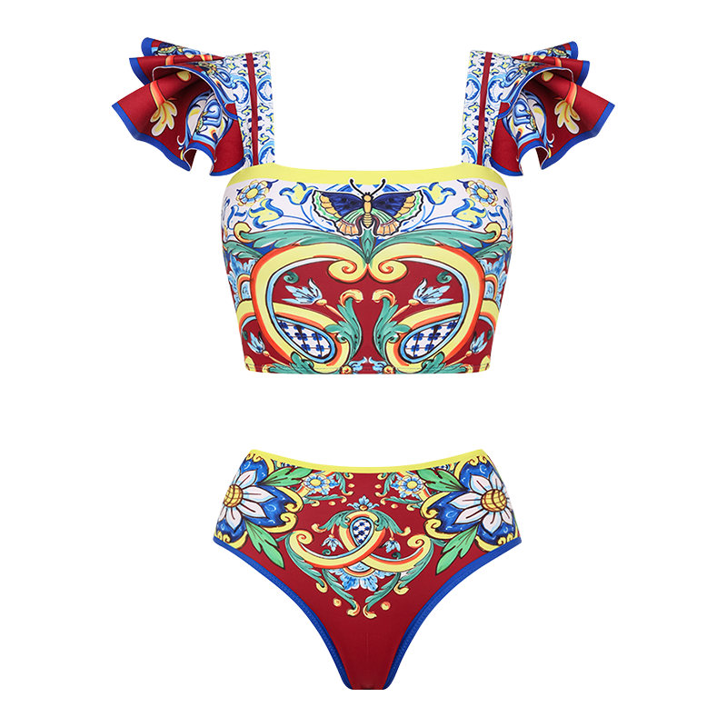 Ruffle Printed  Bikini Swimsuit and Skirt Flaxmaker