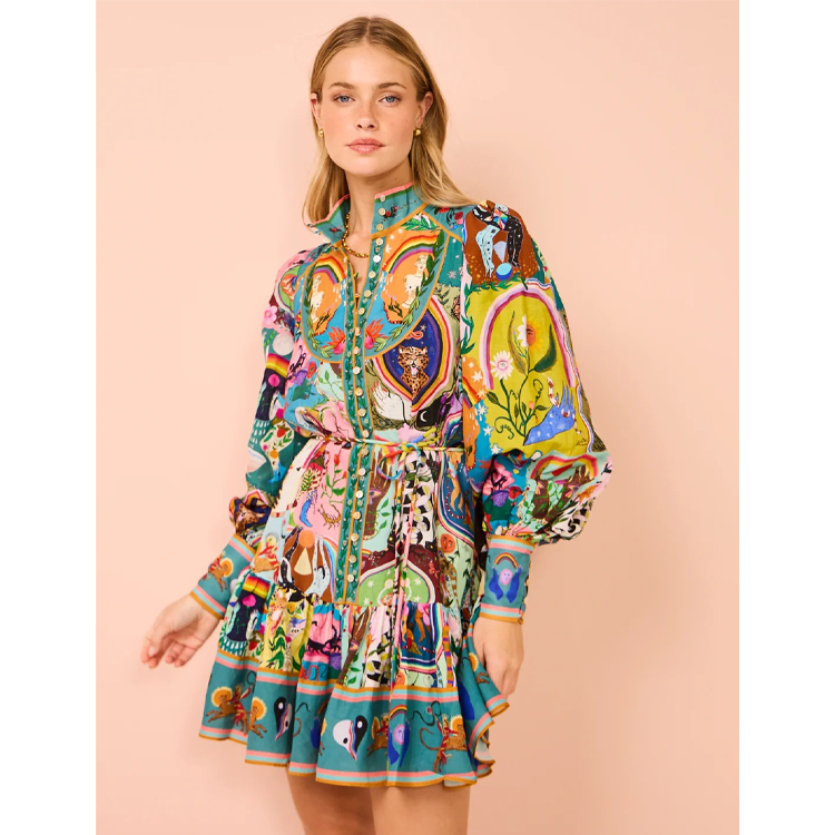 Lace up Printed Lantern Long Sleeve Mini Dress