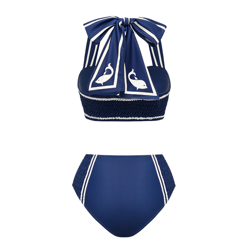 Plus Size Navy Style Printed Bow Tie Decor Bikini Swimsuit and Skirt
