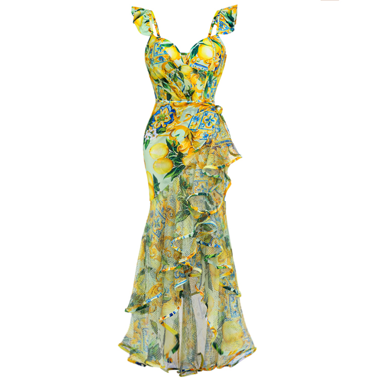 Ruffle Starp Push Up Lemon Print One Piece Swimsuit and Mesh Panel Sarong Flaxmaker