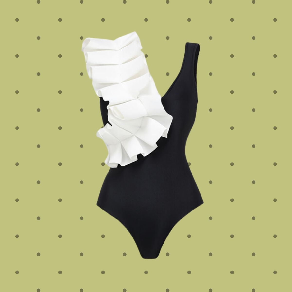 Ruffle Fold Polka Dot Printed One Piece Swimsuit and Sarong Flaxmaker