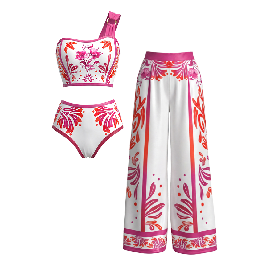 One-Shoulder Fuchsia & Coral Print Floral Two-Piece Swimsuit Set(s)