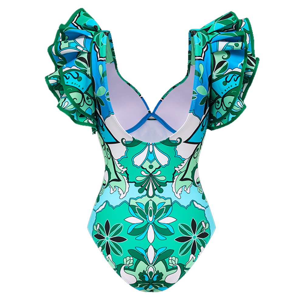 Ruffle Sleeves Blue and Green Pattern One Piece Swimsuit and