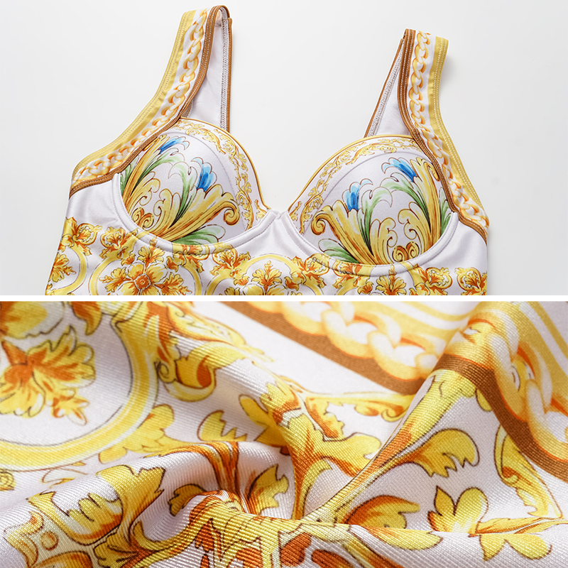 Sling Chest Support Golden Majolica Print One Piece Swimsuit and Sarong or Shorts