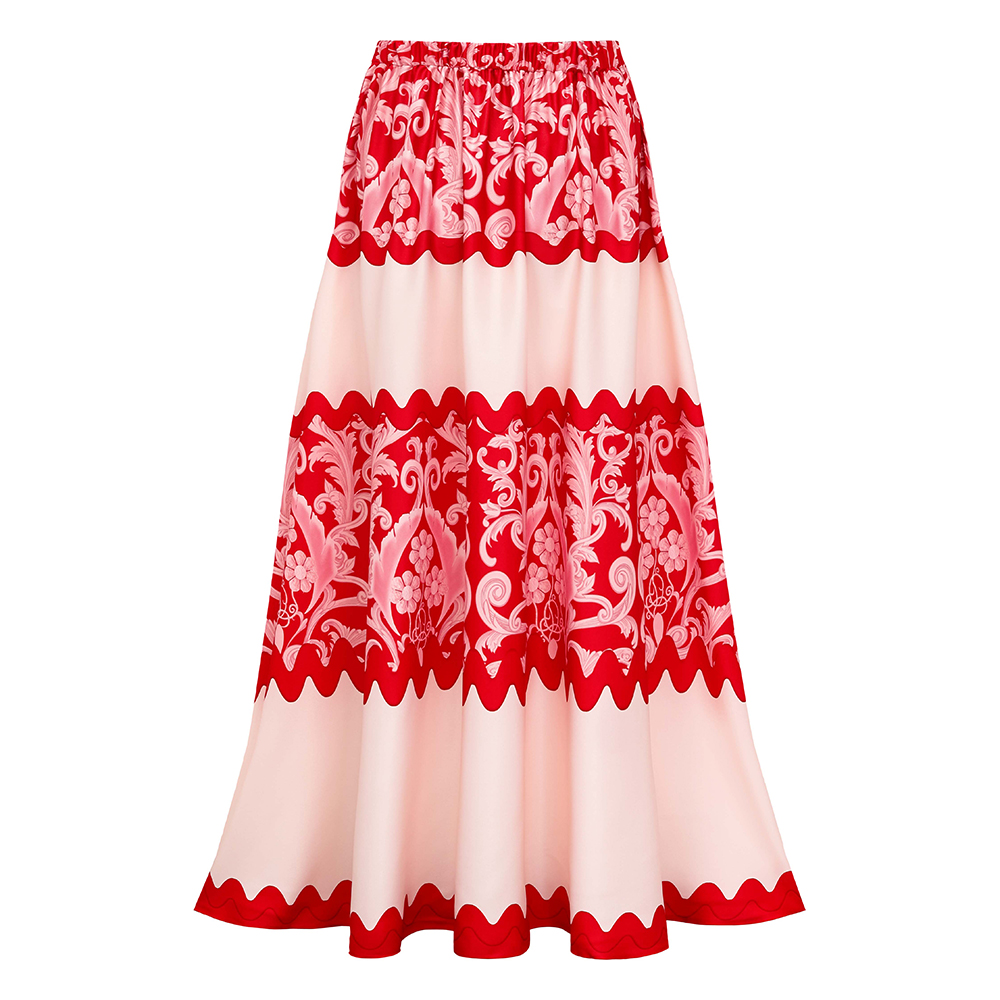 Red Wavy Stripes Printed Bikini Swimsuit and Skirt