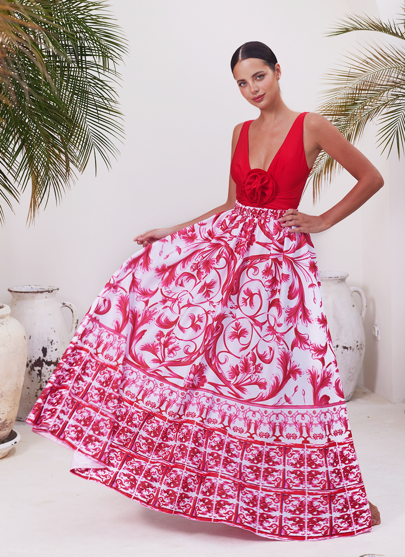 Detachable 3D Flower Red One Piece Swimsuit and Skirt Flaxmaker