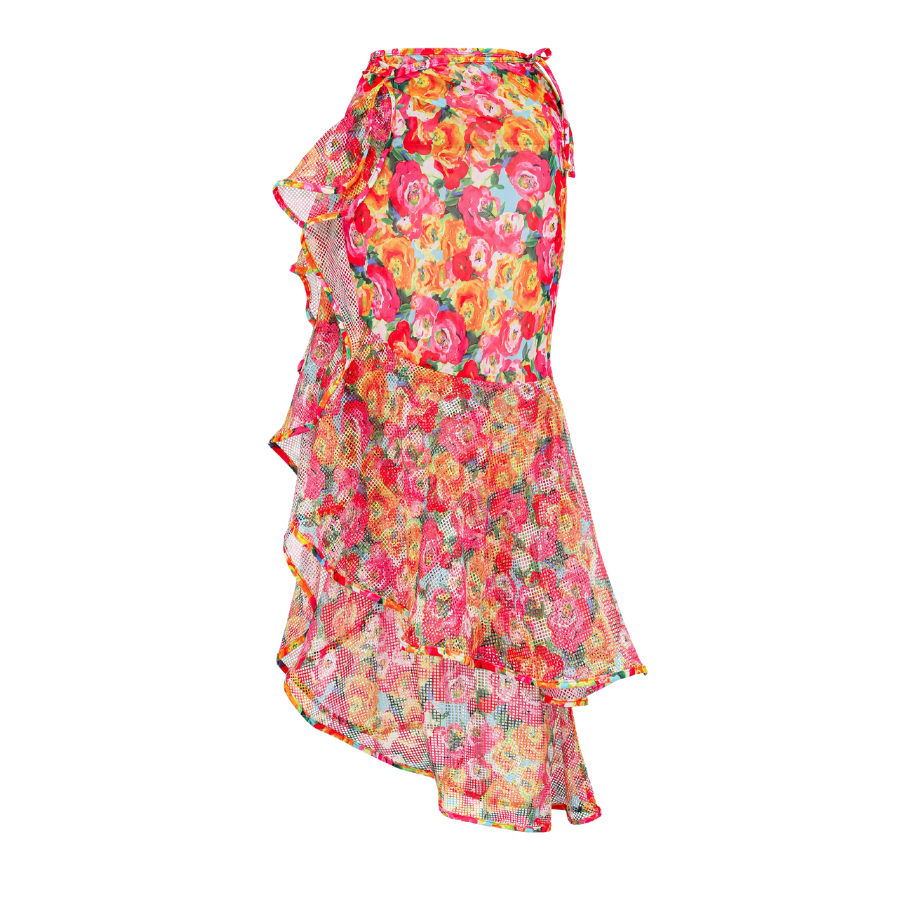 Ruffled Straps Floral Print Bikini Swimsuit and Skirt Flaxmaker