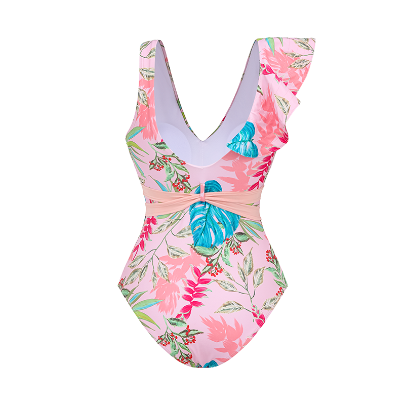 One Shoulder Ruffle Floral Print One Piece Swimsuit and Skirt Flaxmaker