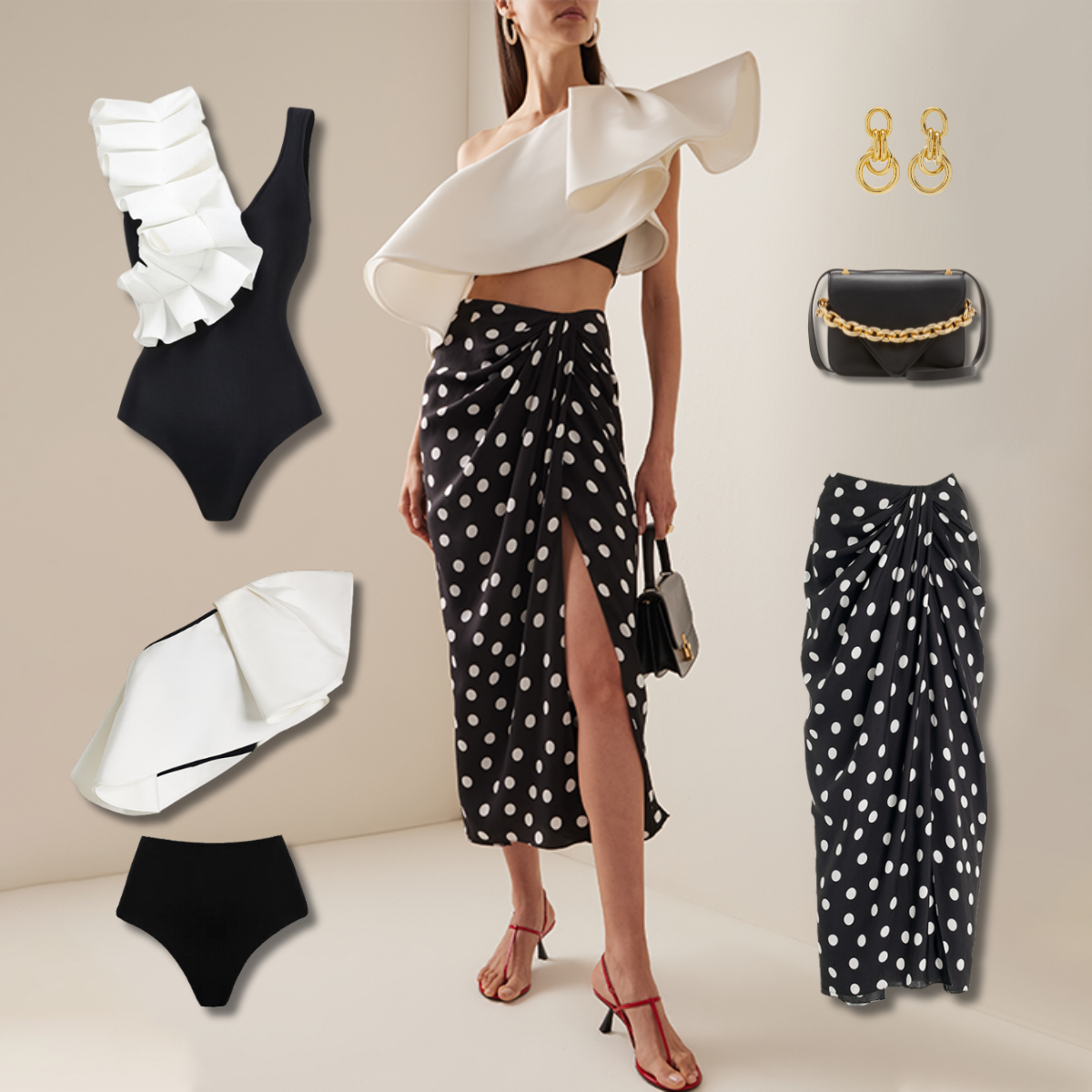 Ruffle Fold Polka Dot Printed One Piece Swimsuit and Sarong Flaxmaker