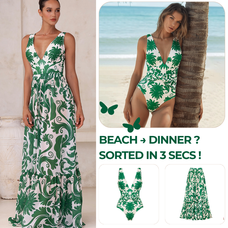 V Neck Printed Knotted at Waist One Piece Swimsuit and Pants Flaxmaker