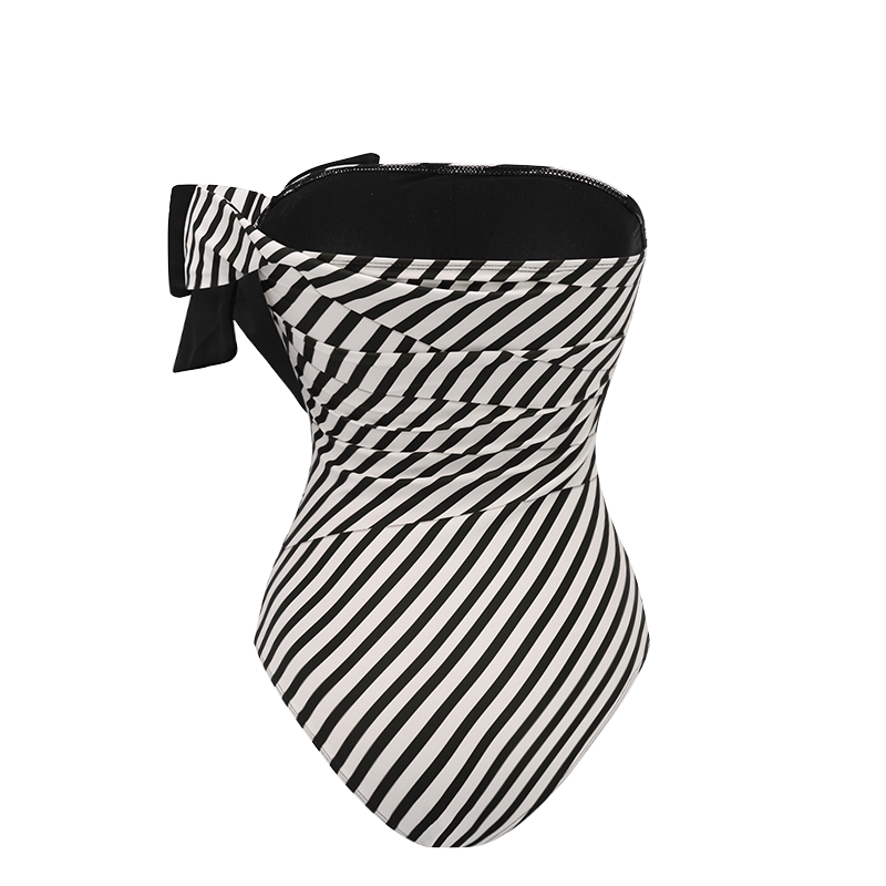 Bowknot Striped One Piece Swimsuit and Skirt