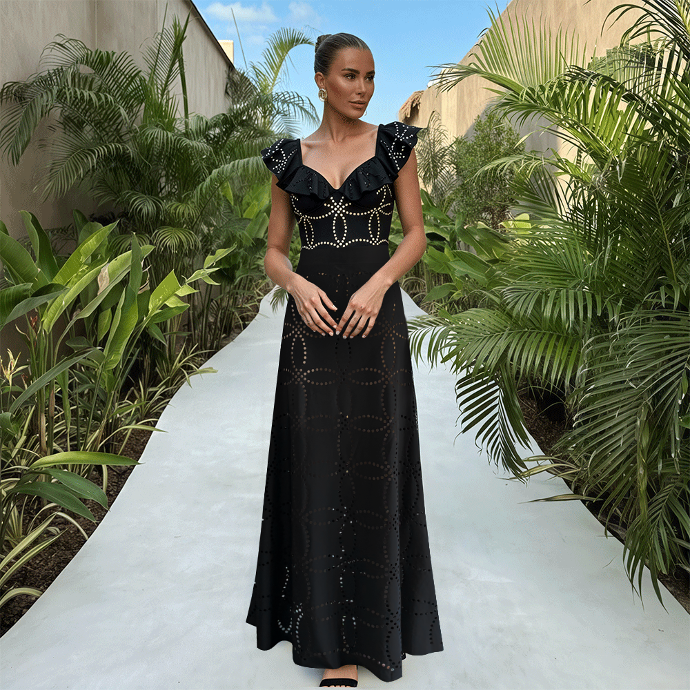 Underwired Black Ruffle Laser Cutting Flower One Piece Swimsuit and Skirt