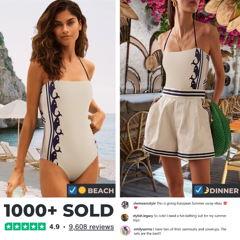 Navy Style Printed One Piece Swimsuit and Shorts