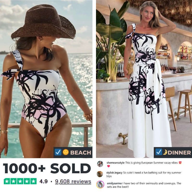 One Shoulder Black and White Blossom Print One Piece Swimsuit and Pants