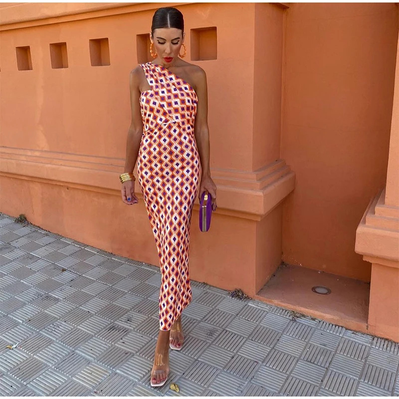 Oblique Shoulder Printed Dress