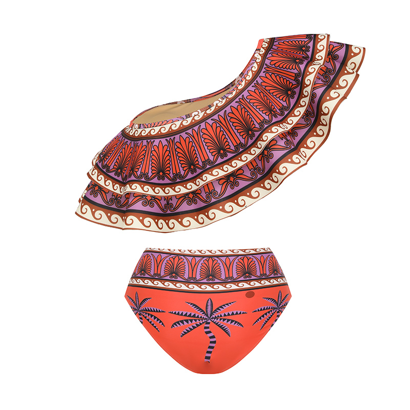 One Shoulder Ruffle Printed Bikini Swimsuit and Skirt Flaxmaker