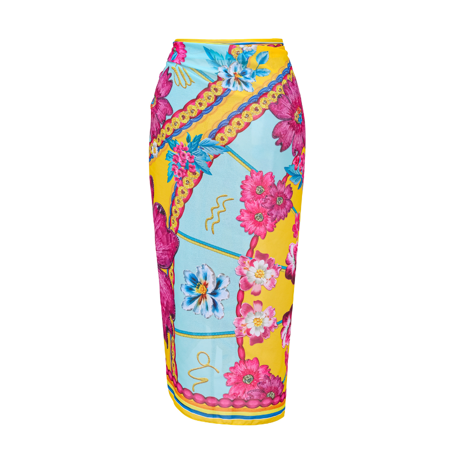 Constellation Flower Print Ruffled Bikini Swimsuit and Sarong