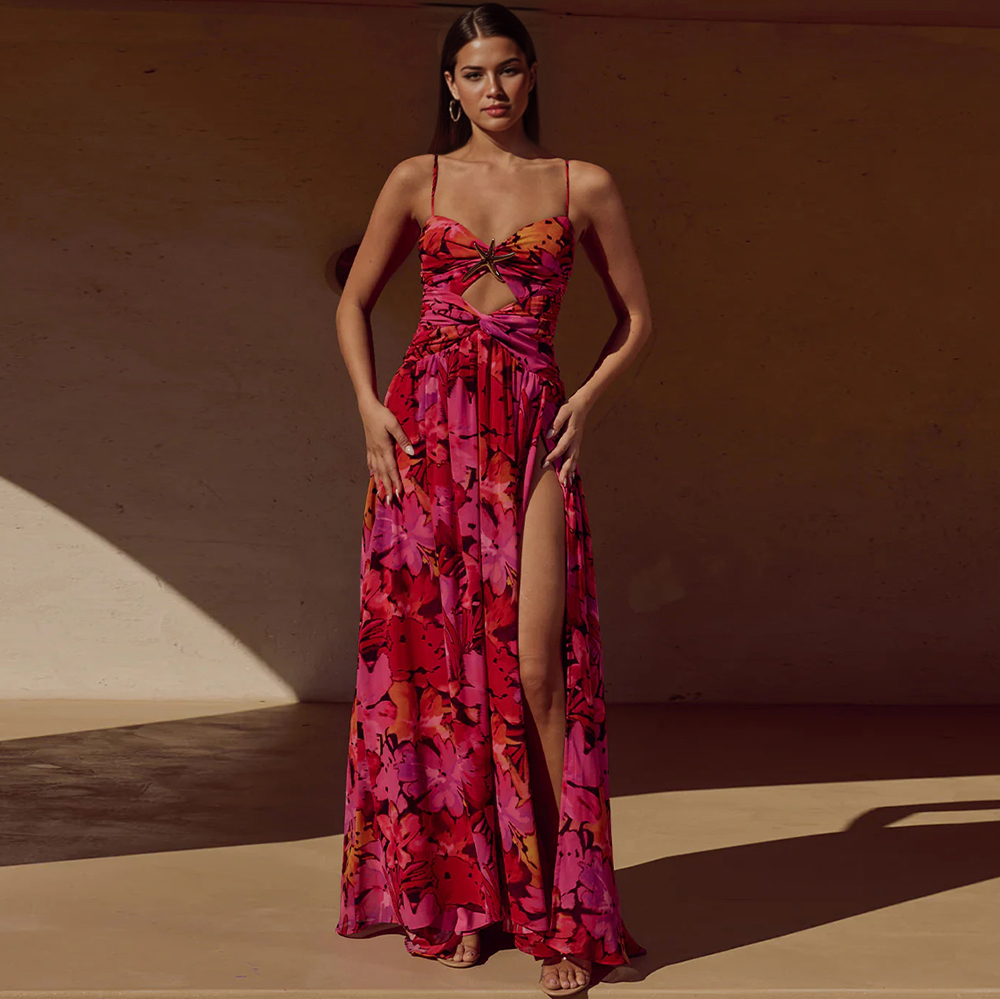 Red Flowers Printed Hollow One Piece Swimsuit and Skirt