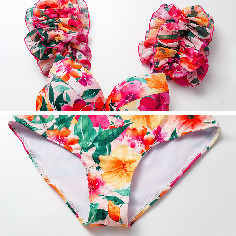 Sling Ruffle Fabric Stitching One Piece Swimsuit and Skirt