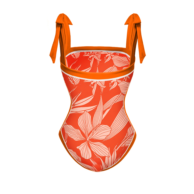 Tie Shoulder Orange Print One Piece Swimsuit and Sarong Flaxmaker