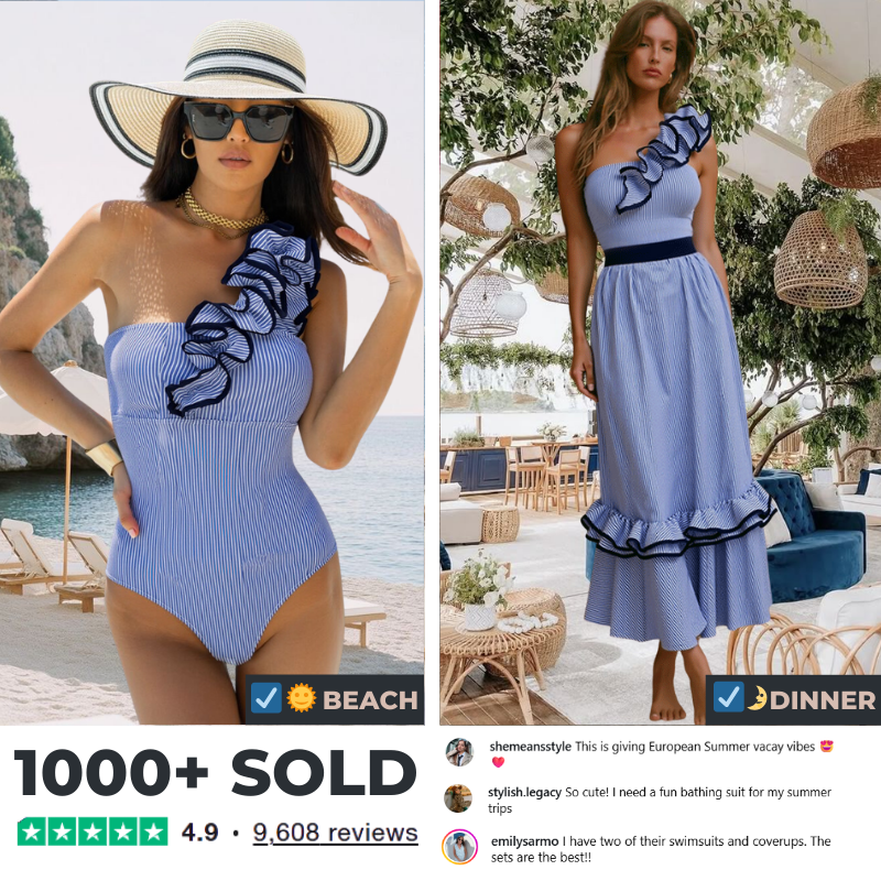 One Shoulder Ruffle Stripe Print One Piece Swimsuit and Skirt