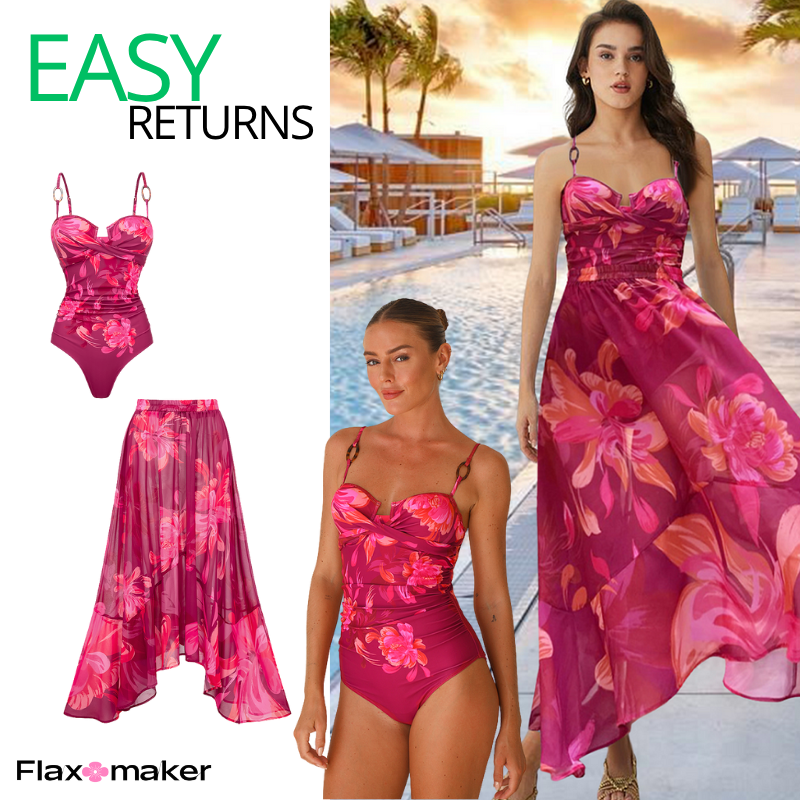 Sling Abstract Floral Print One Piece Swimsuit and Skirt