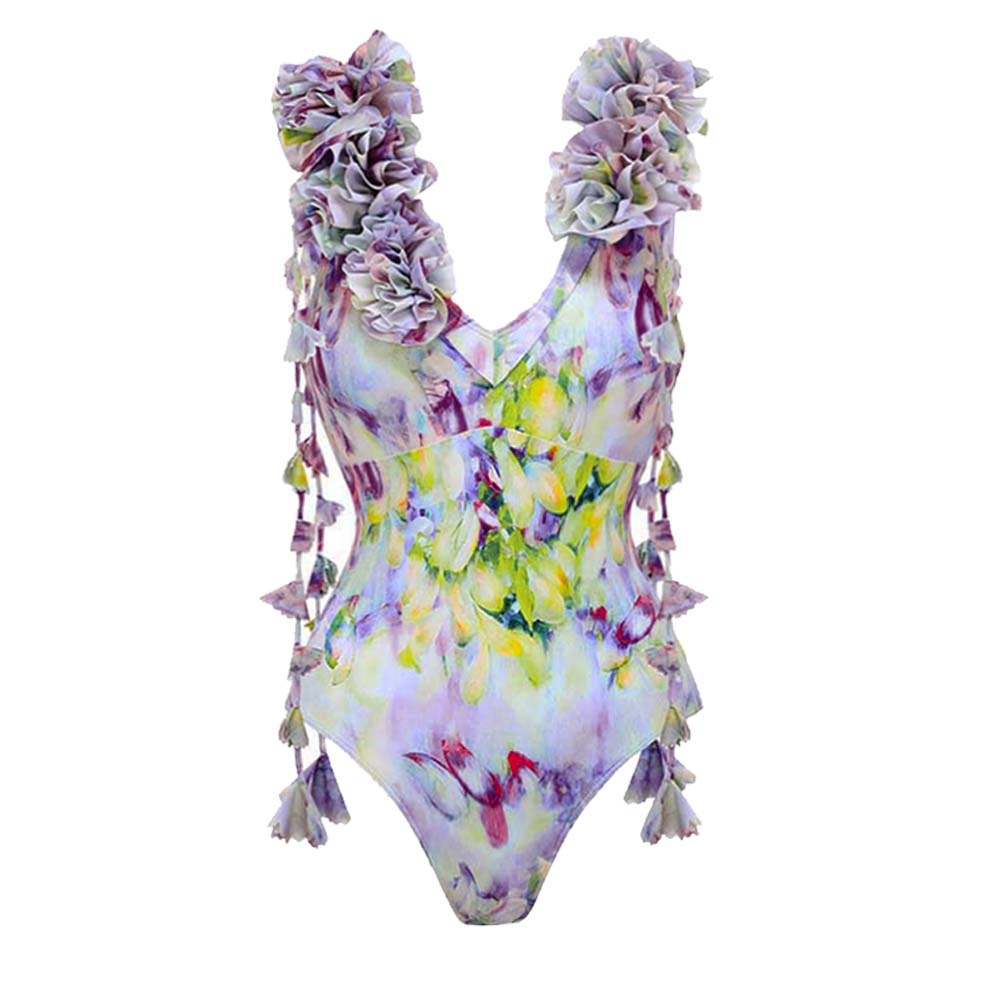 Gradient Flowers Printed One Piece Swimsuit and Skirt