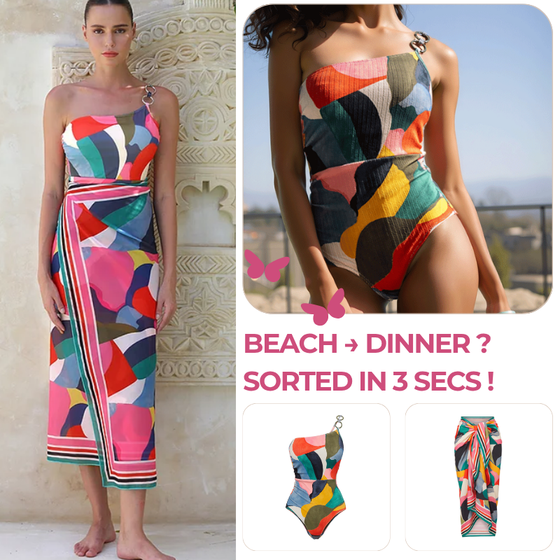 O Ring One Shoulder Printed One Piece Swimsuit and Sarong