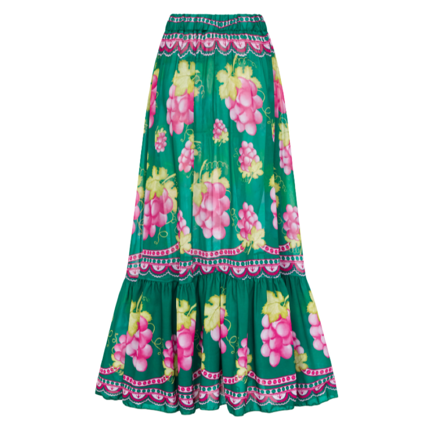 Ruffled Deep V Retro Green Grapes Print One Piece Swimsuit and Skirt