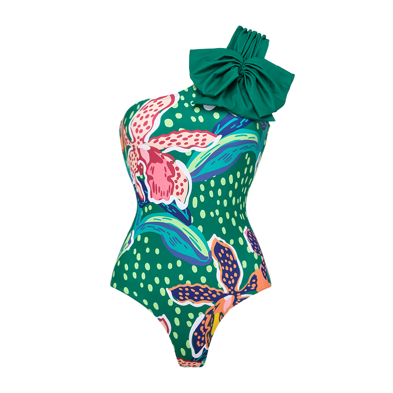 Printed One Shoulder One Piece Swimsuit and Sarong Flaxmaker