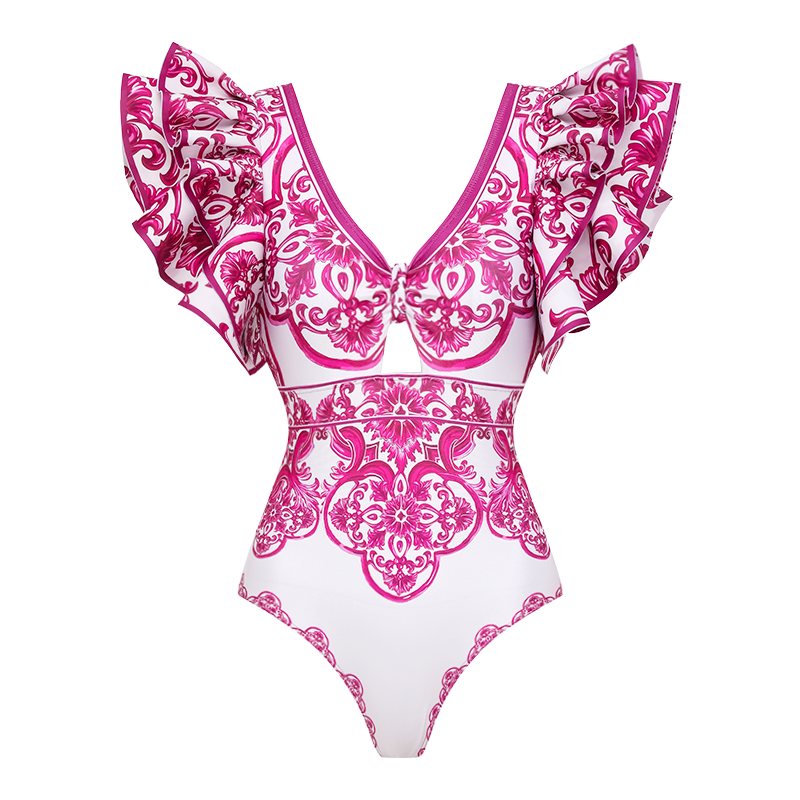 Classic Majolica Series Pattern Print One Piece Swimsuit and Skirt or Shorts