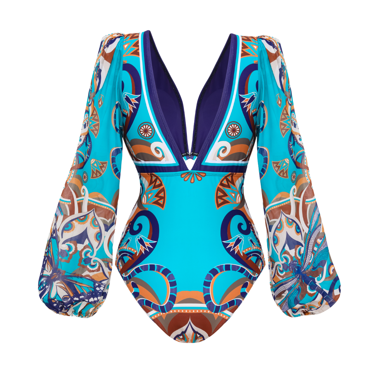 Butterfly and Dragonfly Long Sleeve Hollow Print One Piece Swimsuit and Skirt