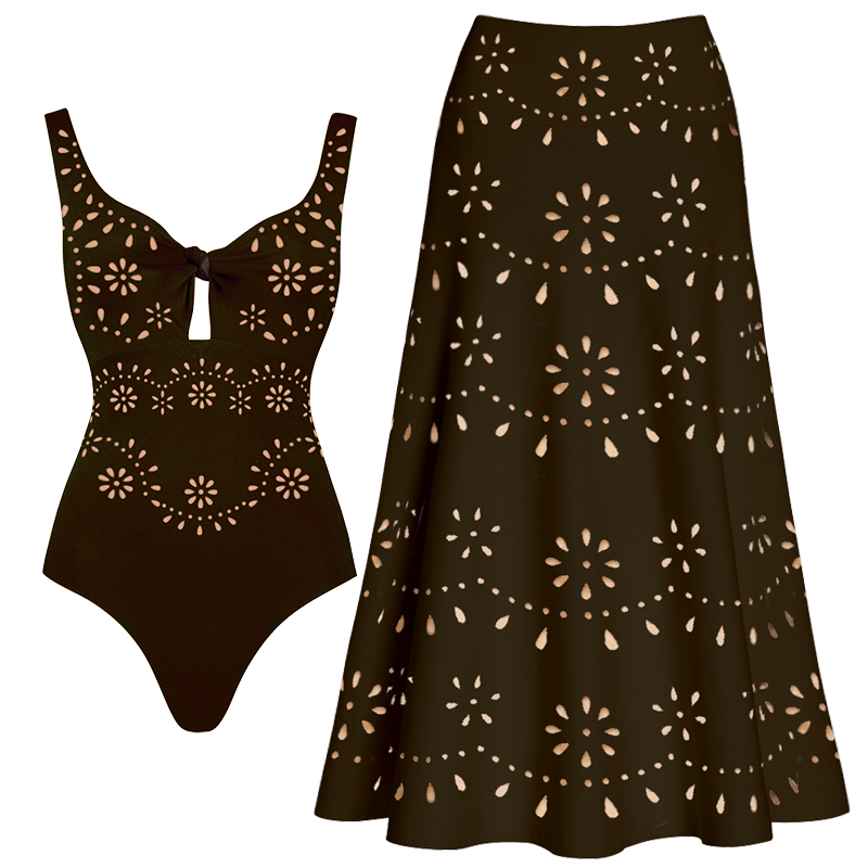 Plus Size Bowknot Hollow One Piece Swimsuit and Skirt