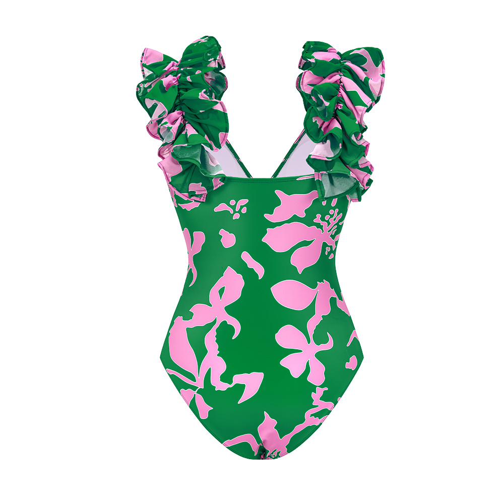 Ruffled Strap Printed One Piece Swimsuit and Skirt Flaxmaker
