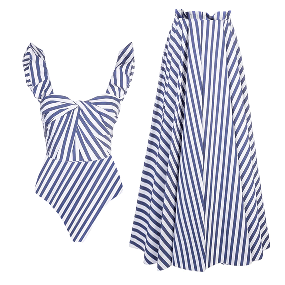 Ruffle Striped Print One Piece Swimsuit and Skirt